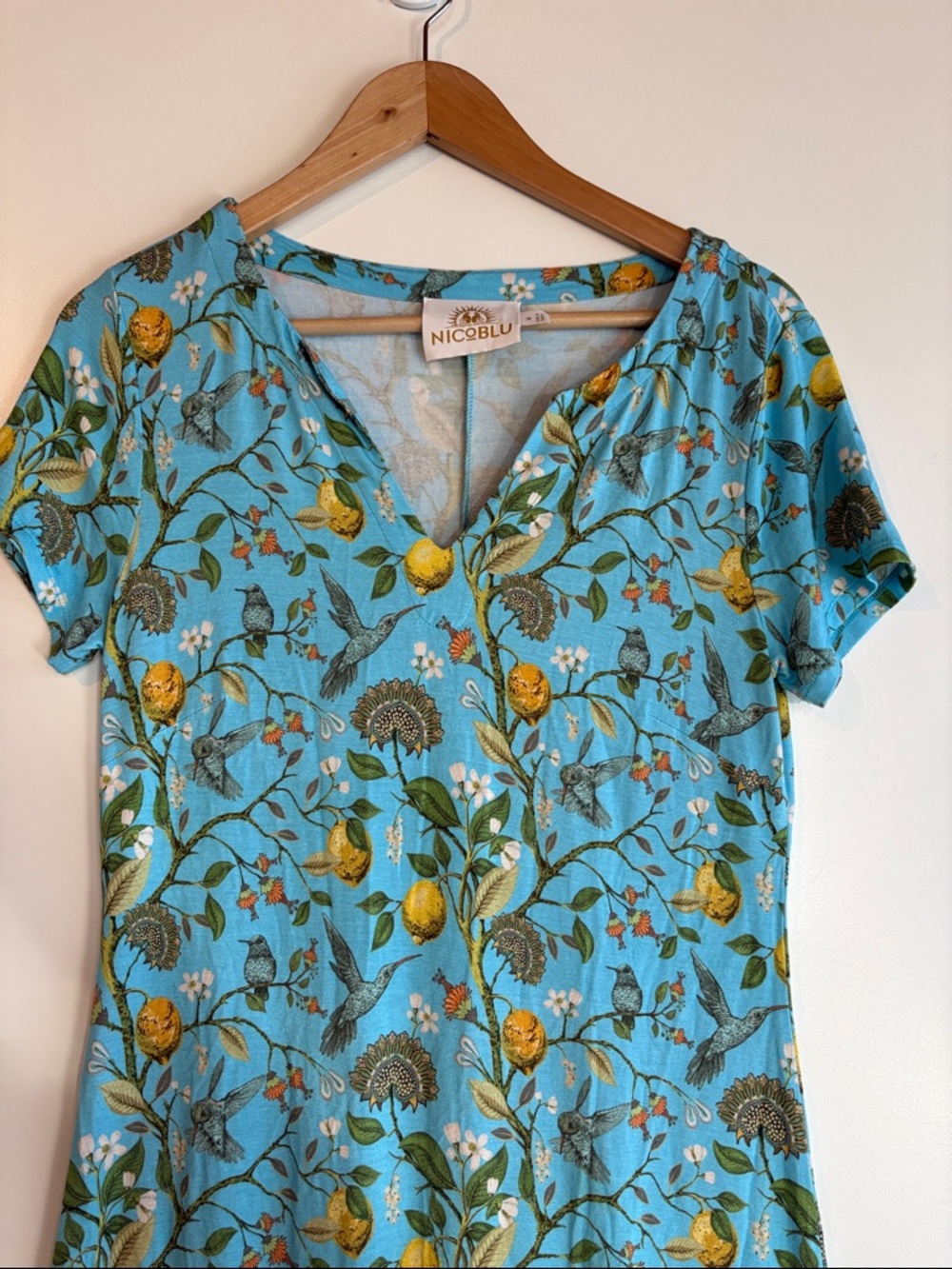NicoBlu Flora Long Stretch Dress In Turquoise Hummingbird Print Medium - Picture 6 of 10